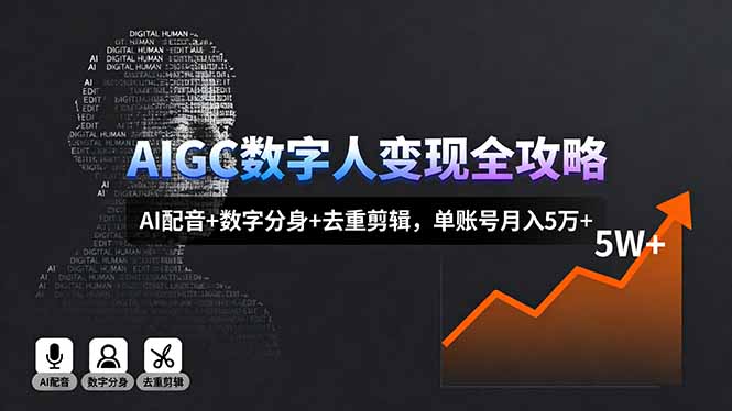 AIGC数字人变现全攻略,AI配音+数字分身+去重剪辑,单账号月入5万+