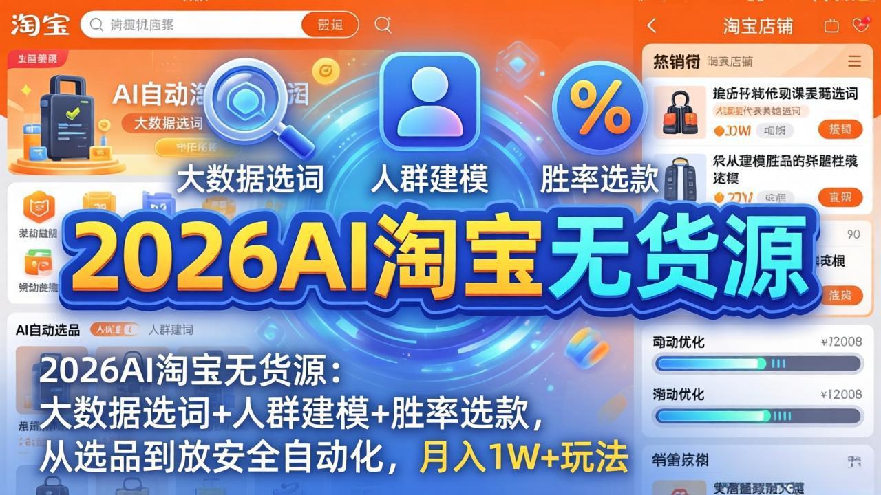 2026AI淘宝无货源：大数据选词+人群建模+胜率选款，从选品到放大全自动化