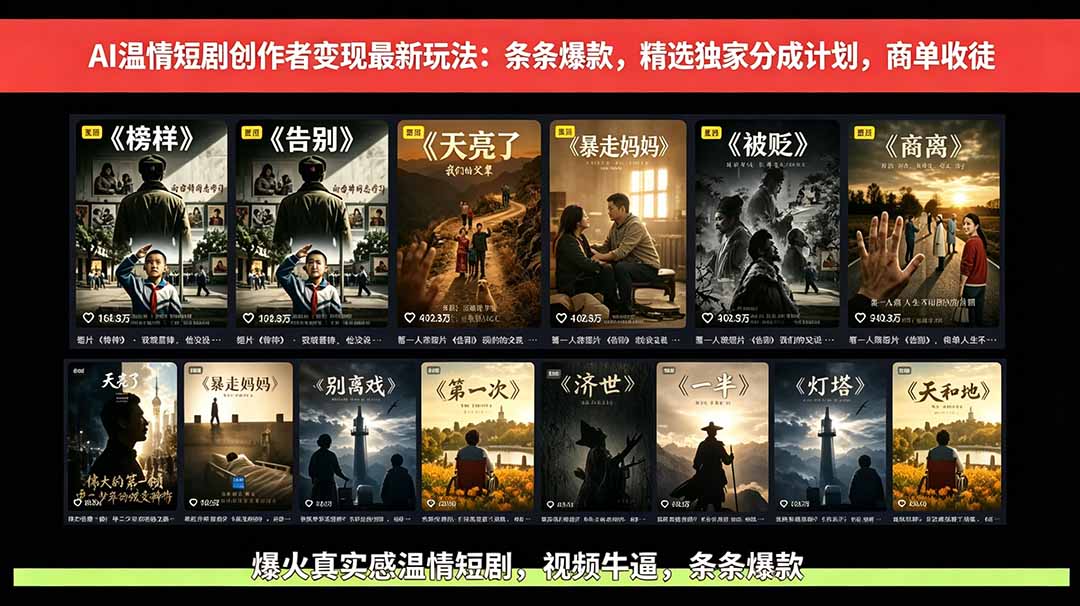 AI温情短剧创作者变现玩法-更新0606：视频牛逼，条条爆款，精选独家分成计划，商单收徒